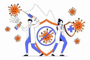 Coronavirus concept with people scene in flat outline design. Doctor with syringe and antiseptic and nurse with shield fight against viruses. illustration with line character situation for web vector