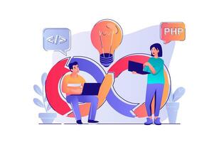 DevOps concept with people scene. Woman and man collaborates on project, brainstorming, programming and management, teamwork communication. illustration with characters in flat design for web vector