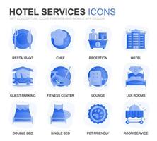 Modern Set Hotel Service Gradient Flat Icons for Website and Mobile Apps. Contains such Icons as Restaurant, Room Services, Reception. Conceptual color flat icon. pictogram pack. vector