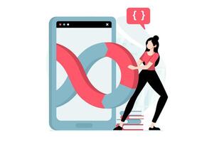 DevOps concept with people scene in flat design. Woman coding, engineering and creating software, using agile project management in company. illustration with character situation for web vector