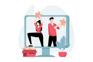 Feedback page concept with people scene in flat design. Man and woman are satisfied with their user experience and put top star rating on site. illustration with character situation for web vector