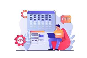 Programmer working concept with people scene. Man programming at computer, creates software, coding at laptop, testing and fixing bugs. illustration with characters in flat design for web vector