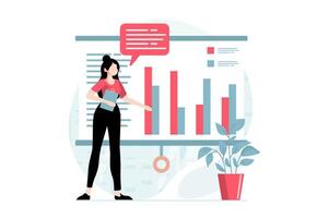 Data analysis concept with people scene in flat design. Woman researching charts and graph for prepares presentation with financial report. illustration with character situation for web vector