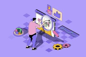 SEO optimization web concept in 3d isometric design. Man makes analytics of internet sites and search engines optimization using marketing tools. web illustration with people isometry scene vector