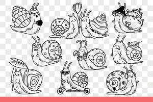 Cute snails with shell that protects from birds and happy emotions. Hand drawn doodle. vector