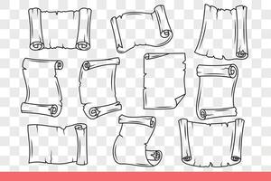 Blank paper manuscript scrolls in antique style with torn edges. Hand drawn doodle. vector