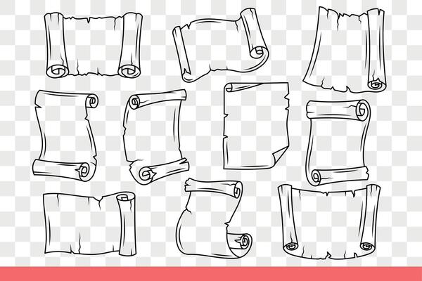 Blank paper manuscript scrolls in antique style with torn edges. Hand drawn doodle.
