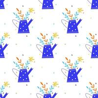Seamless pattern with watering pots and flowers vector