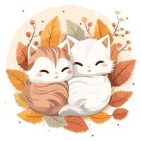 Cute kittens hugging, sitting in leaves and flowers vector