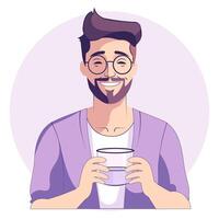 The guy smiles and drinks water from a glass vector