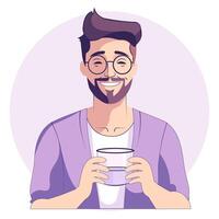 el chico sonrisas y bebidas agua desde un vaso vector