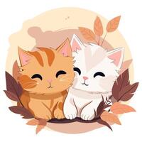 linda gatitos abrazando, sentado en hojas y flores vector