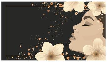 Background with a golden frame with a picture of a girl and flowers vector