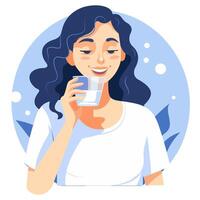 Girl smiles, drinks water from a glass vector
