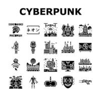 cyberpunk digital city future icons set vector