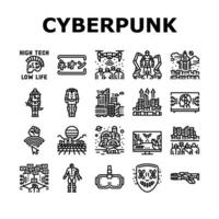 cyberpunk digital city future icons set vector