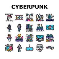 cyberpunk digital city future icons set vector