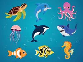 Oceano peces mar animal submarino colección dibujos animados ilustración diseño vector