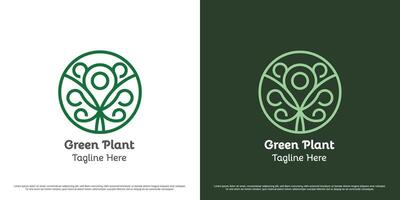 Abstract green circle logo design illustration. Simple geometric linear line art silhouette of tree leaf eco friendly environment seed. Circle clean clover floral nature shape flat icon symbol. vector