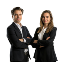 portrait concept de Partenariat dans entreprise. Jeune homme et femme permanent posant content souriant png