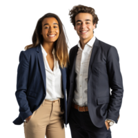 retrato concepto de camaradería en negocio. joven hombre y mujer en pie posando contento sonriente png