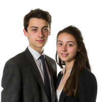 portrait concept de Partenariat dans entreprise. Jeune homme et femme permanent posant content souriant png