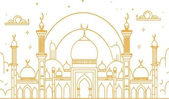 majestuoso dorado mezquita silueta debajo un estrellado cielo con creciente lunas y nubes vector