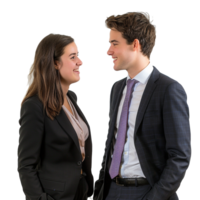 portrait concept de Partenariat dans entreprise. Jeune homme et femme permanent posant content souriant png