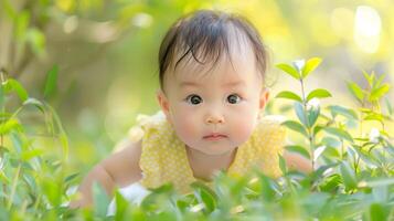 Charming baby girl napping on white bed in bamboo forest with soft natural lighting photo