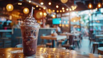 Cup frappe food photography on blurred background with copy space for text placement photo