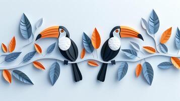 Exotic toucans resting on vibrant foliage covered branches in a lush tropical setting photo