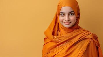 radiante asiático musulmán mujer sonriente, deseando eid Mubarak en pastel antecedentes con Copiar espacio foto