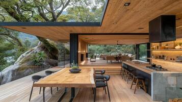 maravilloso moderno negro desván casa con acero marco pabellón y cautivador naturaleza ver foto