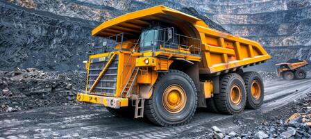 Large yellow coal mining truck in open pit quarry, extractive industry machinery photo