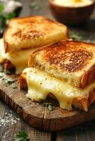 Close up of delectable and mouthwatering melted cheese sandwich on a wooden serving board photo