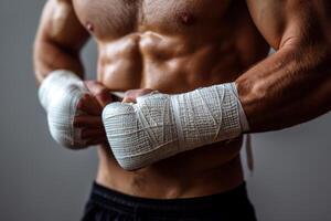 Boxer s trainer wrapping hands with tape symbol of preparation and support in summer olympics sport photo