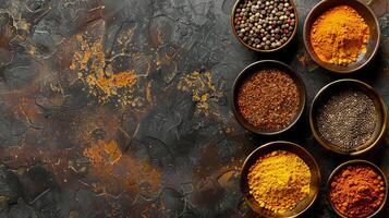 Artistic spice palette displaying an array of various spices in elegant small containers photo