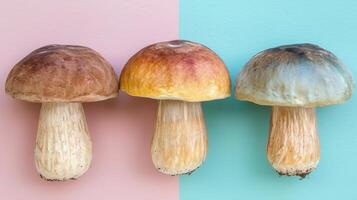 Porcini mushroom boletus edulis on a soft and delicate pastel colored background photo