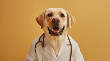 Dog wearing doctor outfit on soft gradient background for medical worker concept photo