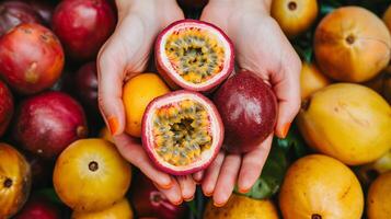 Passion fruit selection hand holding fresh passion fruit on blurred background with copy space photo