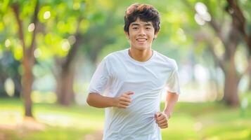 Joyful asian man exercises with a happy run in natural surroundings for fitness and well being photo