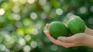 Hand holding creamy avocado with selection on blurred background, copy space for text photo