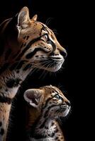 Male ocelot and kitten portrait with empty left space for text, object on the right side photo