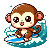 dessin animé singe surfant sur une vague png
