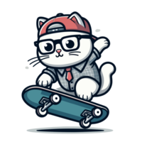 dessin animé chat portant des lunettes et attacher équitation une planche à roulette png