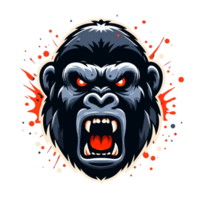 gorilla head with red eyes and blood splatters on a transparent background png