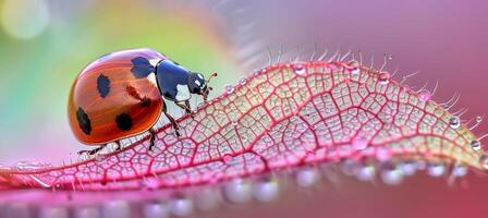 Vibrant ladybug perched on a bright green leaf in a beautiful natural environment photo