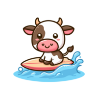 dessin animé vache surfant sur une planche de surf png