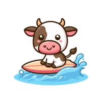 desenho animado vaca surfar em uma prancha de surfe png