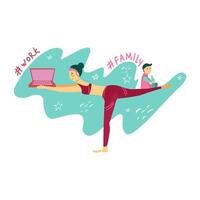 yoga de un trabajando madre. un mujer soportes y mantiene el equilibrar Entre trabajo y familia. un metáfora para el estado de trabajando madre vector